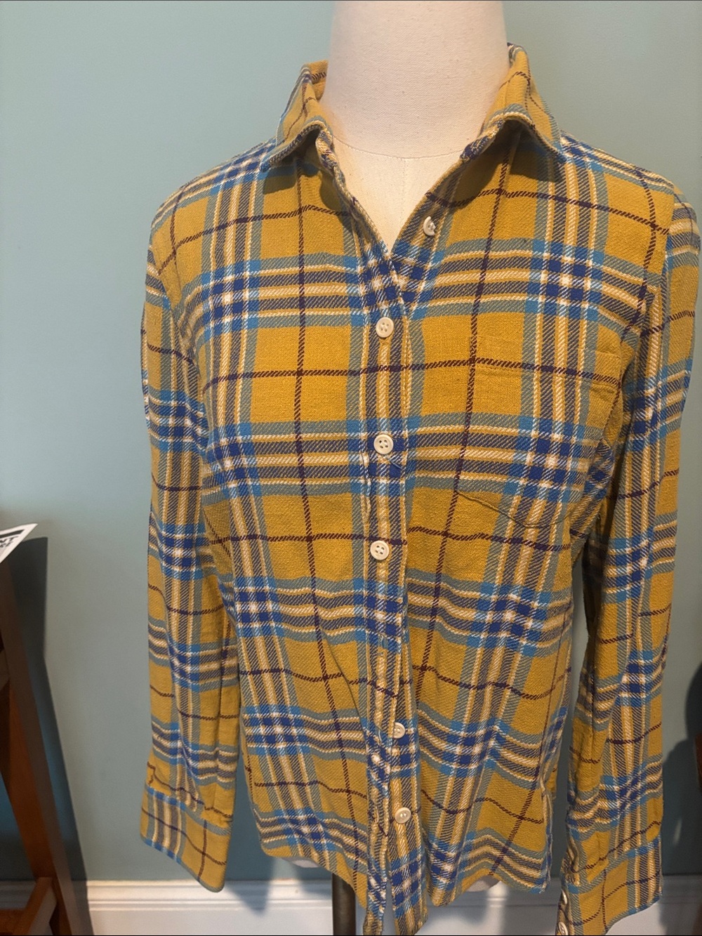 J. Crew Mustard Yellow Plaid Button-Down Shirt with Blue Stripes
